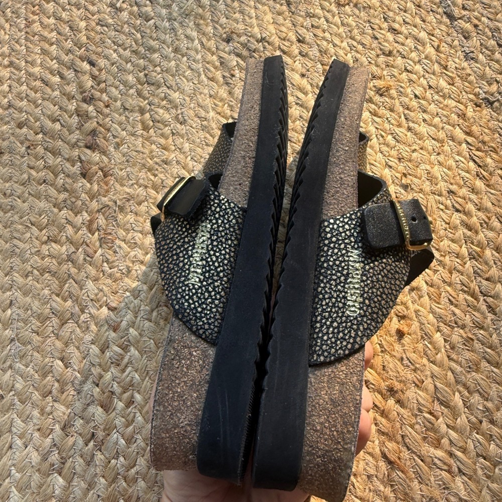 Mephisto Helen Snake Texture Black Gold Metallic Leather Cork Footbed Sandals 37 - Picture 5 of 6